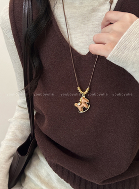 复古木质小马抽拉项链马年毛衣链