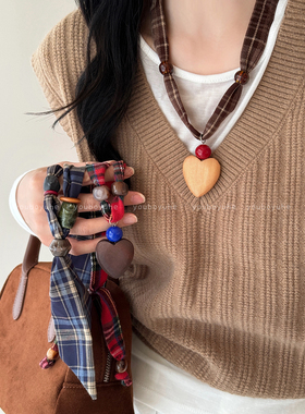 高级感日常百搭格纹串珠丝巾项链