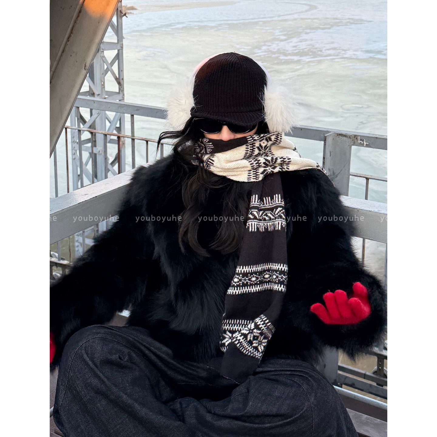 费尔岛双面红色新年围巾女冬季氛围感披肩高级感保暖围脖耳罩配饰,淘宝优惠券,粉丝福利购,淘宝优惠卷