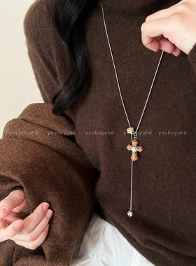 复古咖色木质十字架项链抽拉配饰