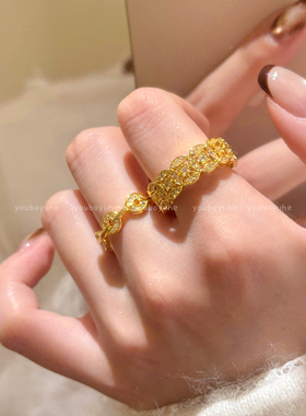 中古风轻奢小众金色铜钱锆石戒指