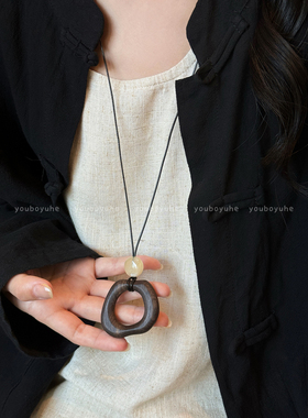 新中式不规则木质长款复古项链女