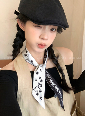 韩系黑色波点飘带高级感百搭丝巾