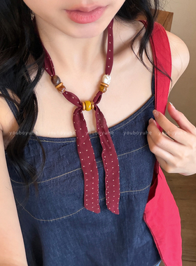 红色波点爱心串珠丝巾项链配饰女