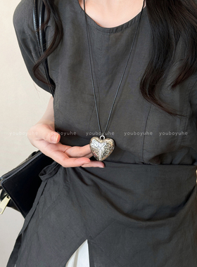 复古银色雕花爱心长款高级感项链