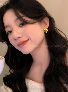 金色立体双层花朵前后两戴耳钉女