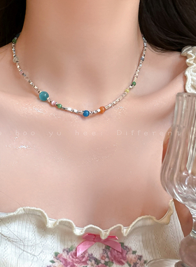 彩色天然石碎银子项链女2025新款串珠锁骨链轻奢小众设计颈链配饰