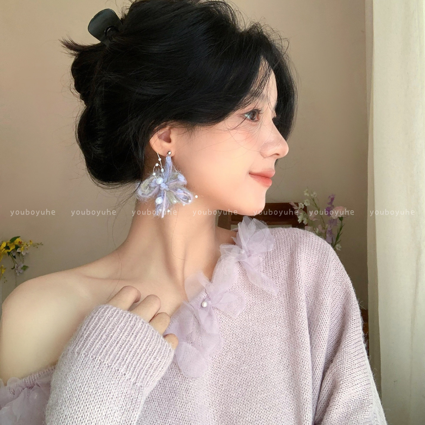 柔雾烟花~毛绒花朵珍珠耳环女2025新款小众独特耳钉夸张银针耳饰,淘宝优惠券,粉丝福利购,淘宝优惠卷