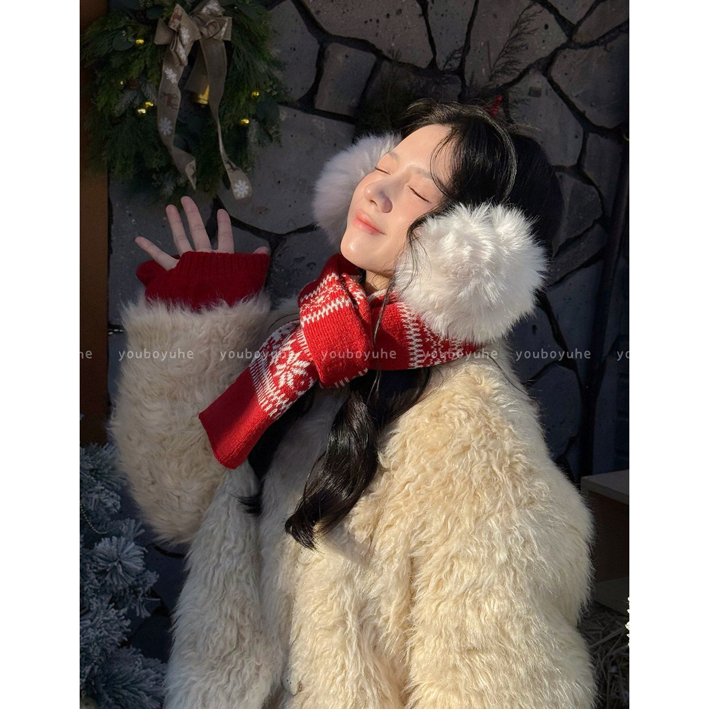 费尔岛双面红色新年围巾女冬季氛围感披肩高级感保暖围脖耳罩配饰,淘宝优惠券,粉丝福利购,淘宝优惠卷