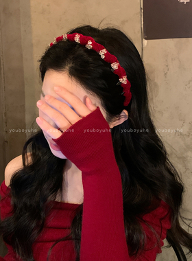 法式高级感新年红色丝绒带齿发箍