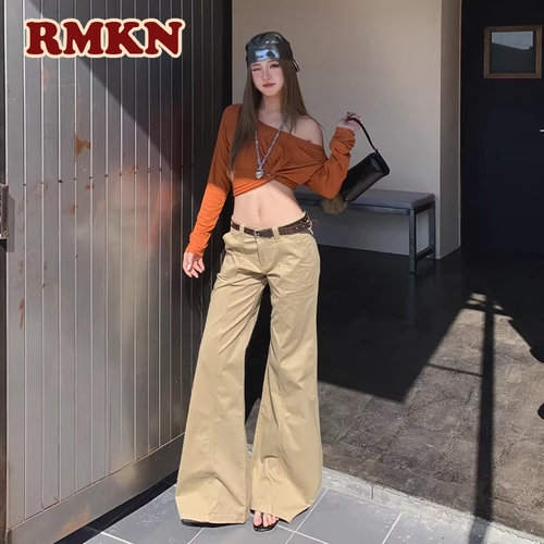 RMKN卡其色低腰微喇牛仔裤2026春季新款宽松显瘦美式设计感喇叭裤 - 图0