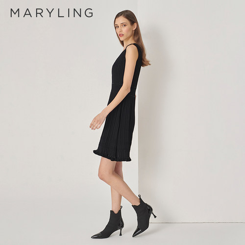 MARYLING玛俪琳初秋新品V领黑色针织背心连衣裙A1DFW04180 - 图1