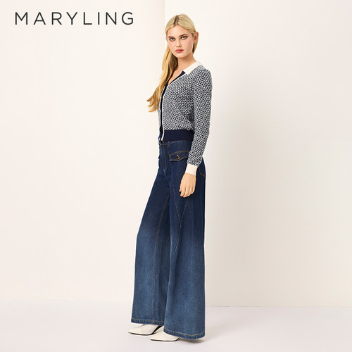 MARYLING玛俪琳2025初春新品蓝白撞色羊毛针织开衫A1FAW01020 - 图1