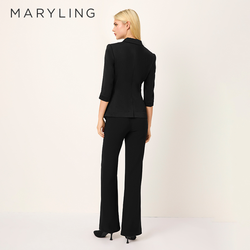 MARYLING玛俪琳2025春季新品黑色小直筒松紧腰微喇长裤A1FBW51140 - 图2