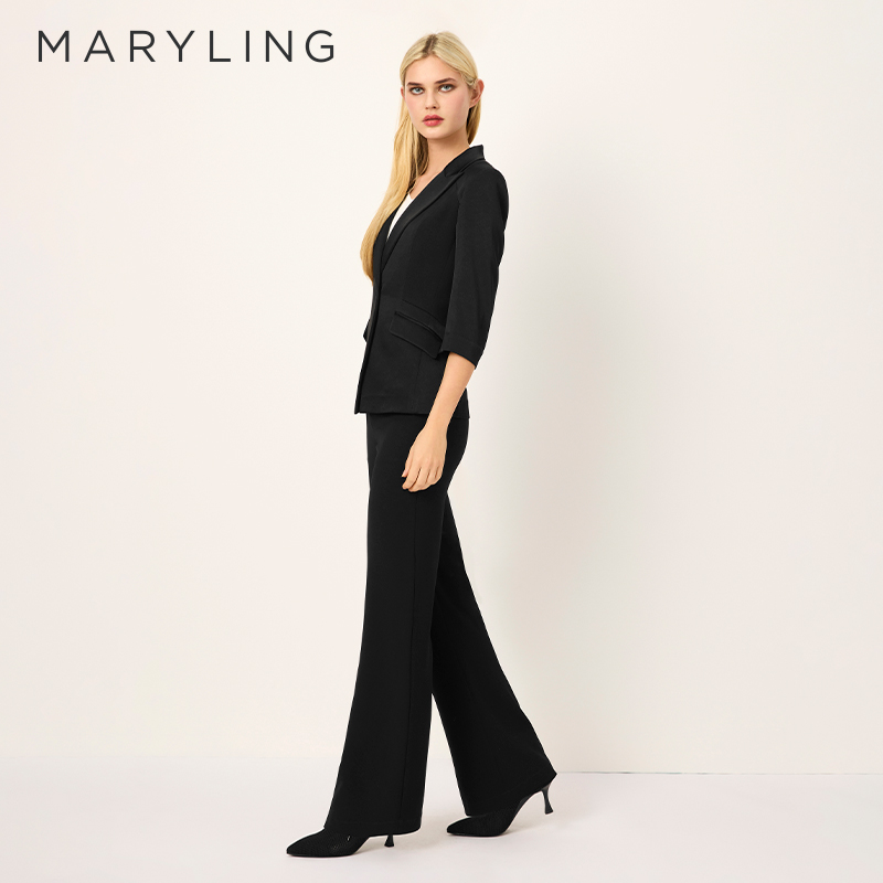MARYLING玛俪琳2025春季新品黑色小直筒松紧腰微喇长裤A1FBW51140 - 图1