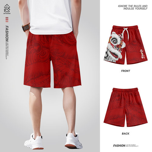 2025夏季新款国潮醒狮速干短裤男中国风宽松薄款运动沙滩五分裤子 - 图0