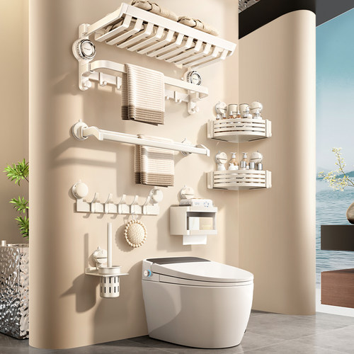 吸盘毛巾架卫生间免打孔浴巾置物架子一体浴室厕所挂杆太空铝套件 - 图1