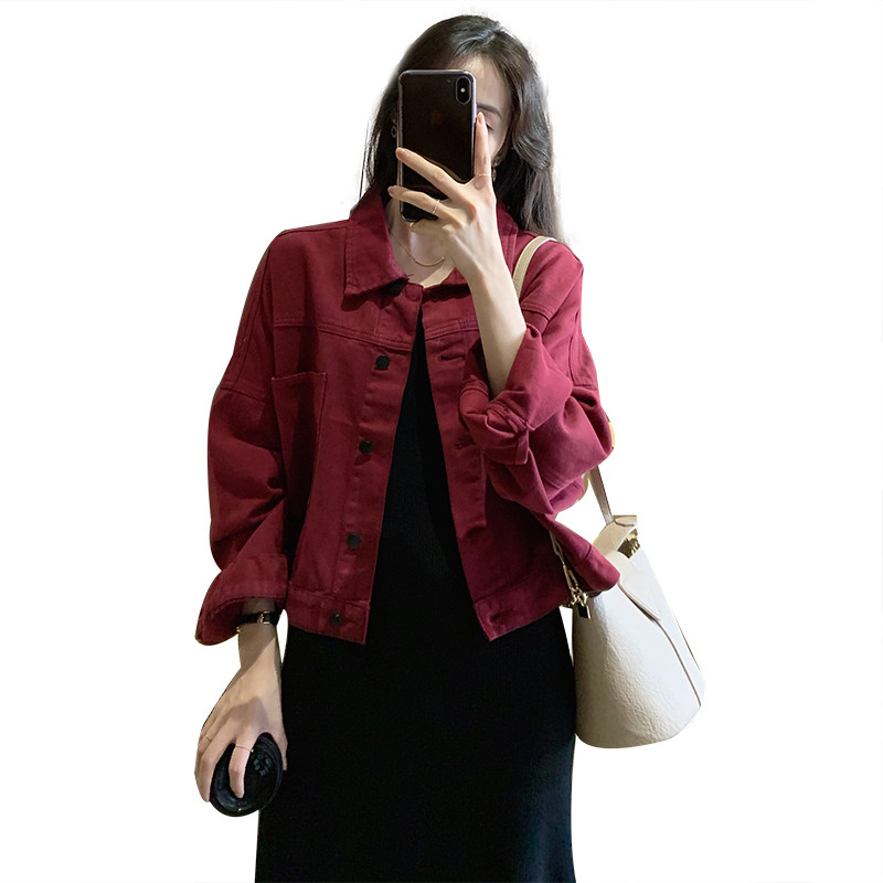 翻领宽松百搭bf风红色短款工装夹克 着潮短外套