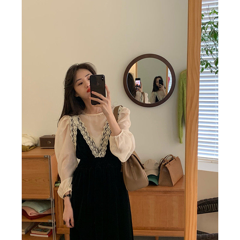 小清新白色长袖2022春季新款雪纺衫 着潮衬衫