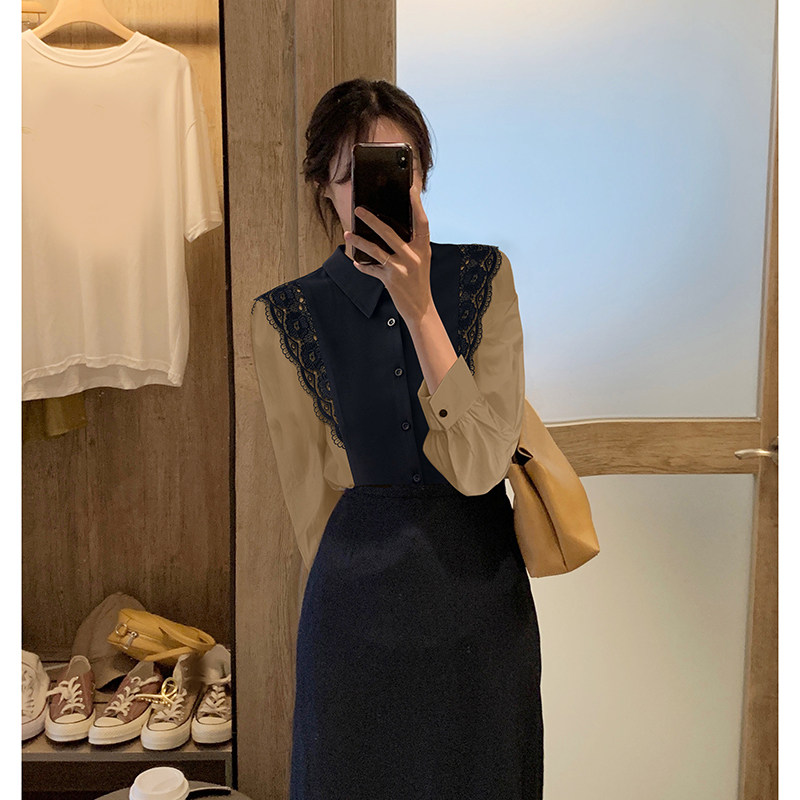 杏色蕾丝边polo领2021年秋季衬衫 着潮衬衫