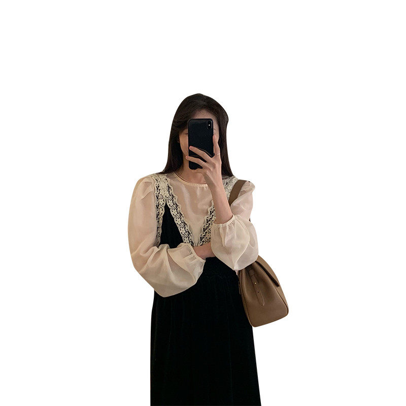 小清新白色长袖2022春季新款雪纺衫 着潮衬衫