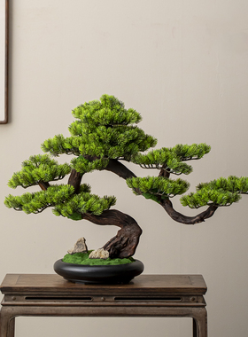 仿真迎客松实木盆景客厅玄关摆件