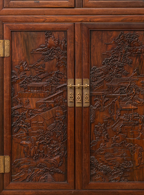 清代红木高浮雕人物故事四件柜明清古典家具收藏老红木顶箱柜衣柜