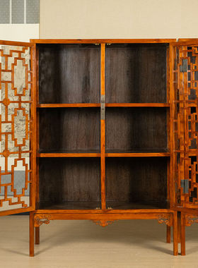 海南黄花梨攒接透棂书格（一对）