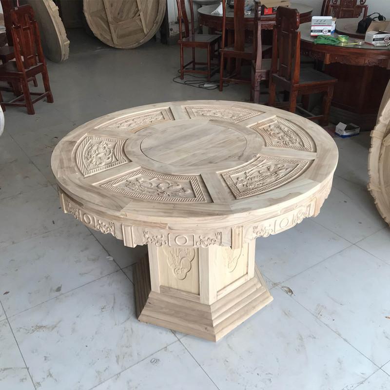 北方老榆木雕花圆桌白茬白胚白坯明清古典餐桌全实木饭桌家用圆形