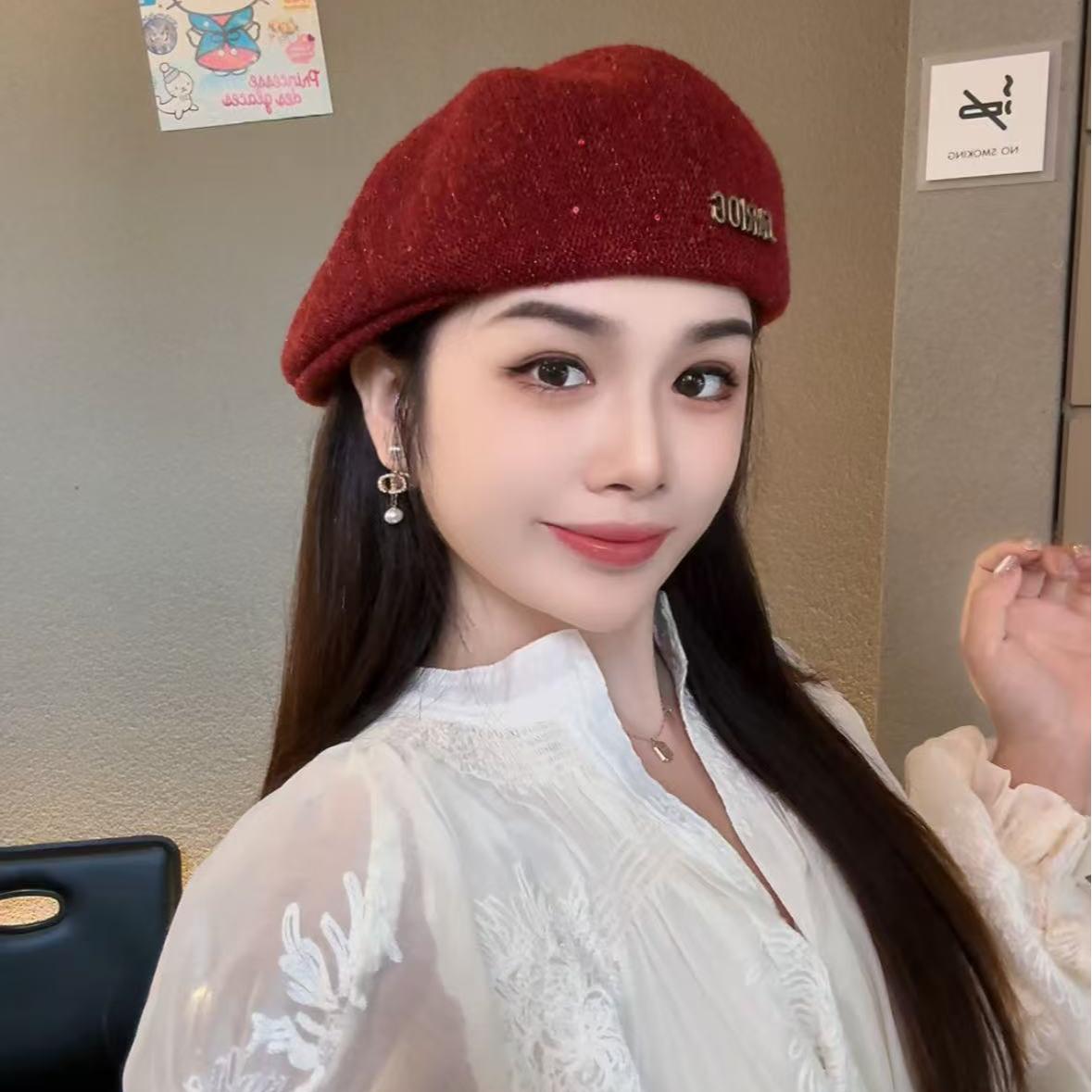 秋冬新款定型正反两戴前进帽子女时尚亮片百搭贝雷帽显脸小鸭舌帽 - 图1