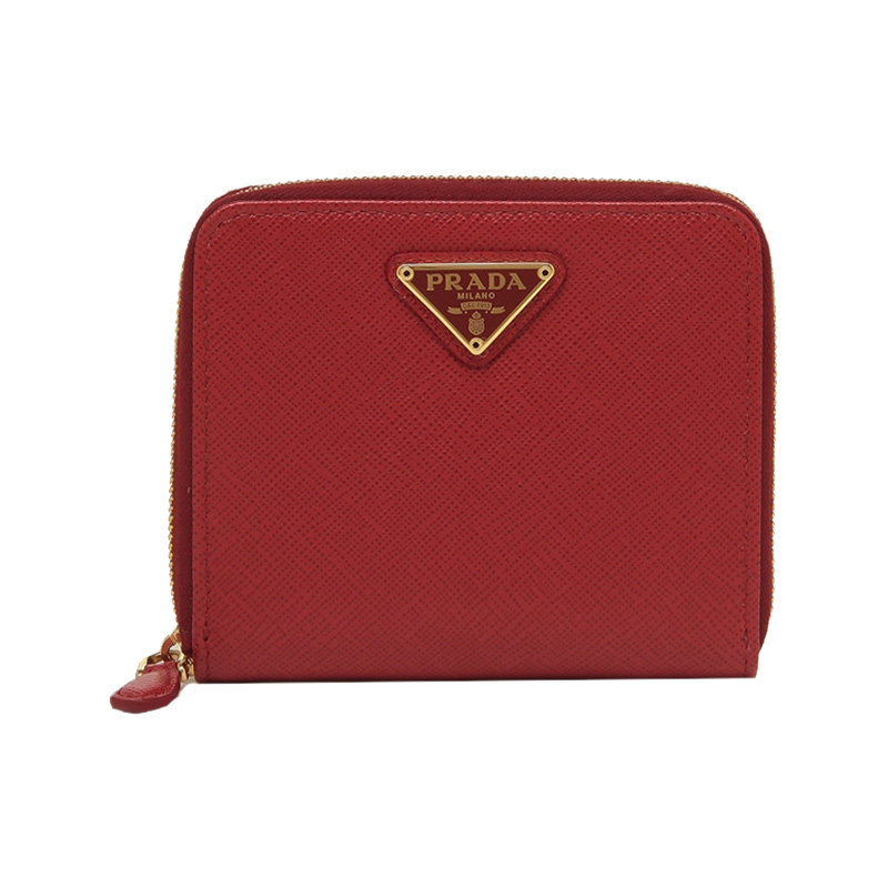 prada女包红色皮革拉链短款钱包 奢批海外钱包