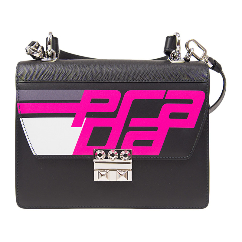全新prada牛皮黑色手袋logo斜挎包 奢批海外女士包袋