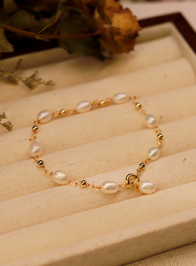 小米粒淡水珍珠金珠14K包金手链