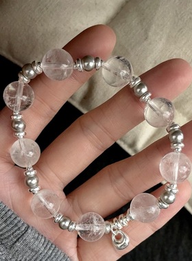 S925银白水晶真多麻灰贝珠手链