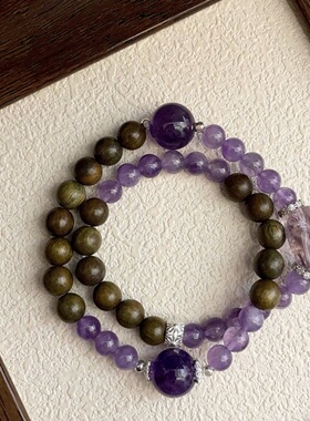 天然紫水晶绿檀木双圈手链