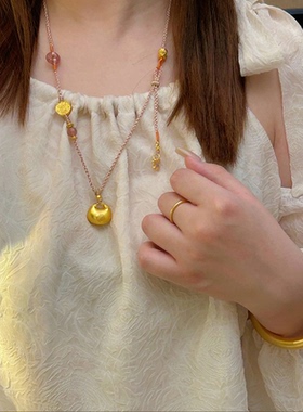 蝴蝶小胖福粉绳项链古法沙金