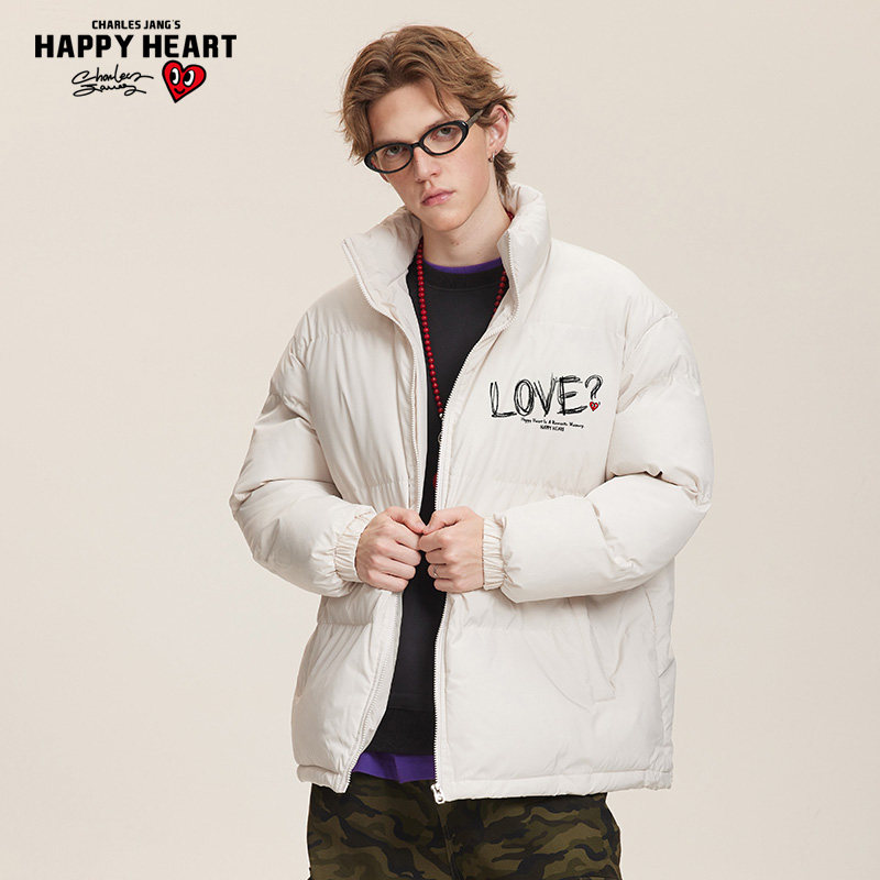 查尔斯桃心 秋冬新款字母印花加厚保暖御寒立领羽绒服男女同款