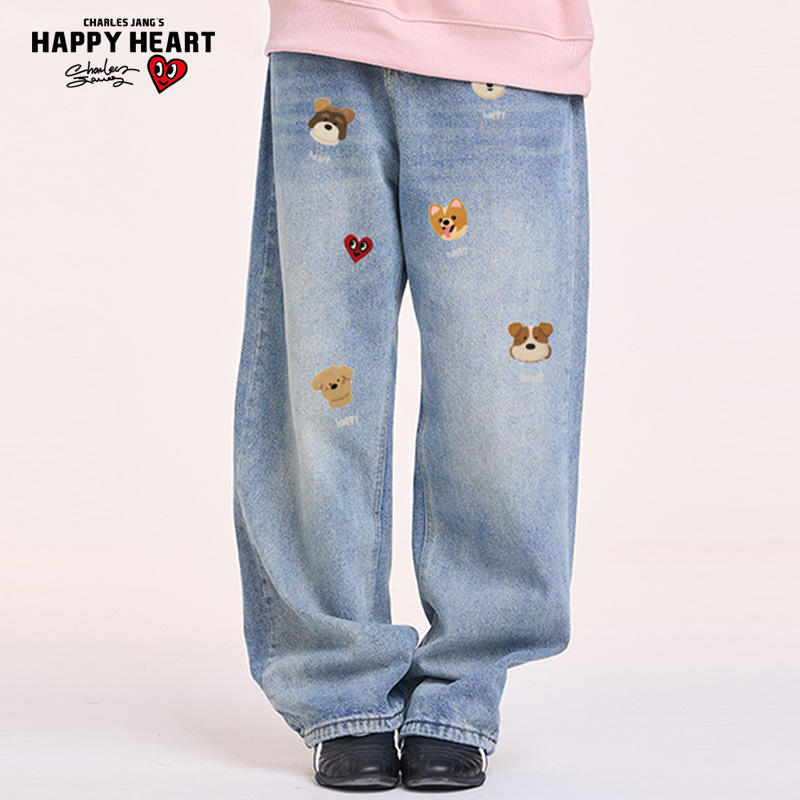 查尔斯桃心可爱小狗印花牛仔裤水洗直筒复古休闲时尚潮牌宽松长裤