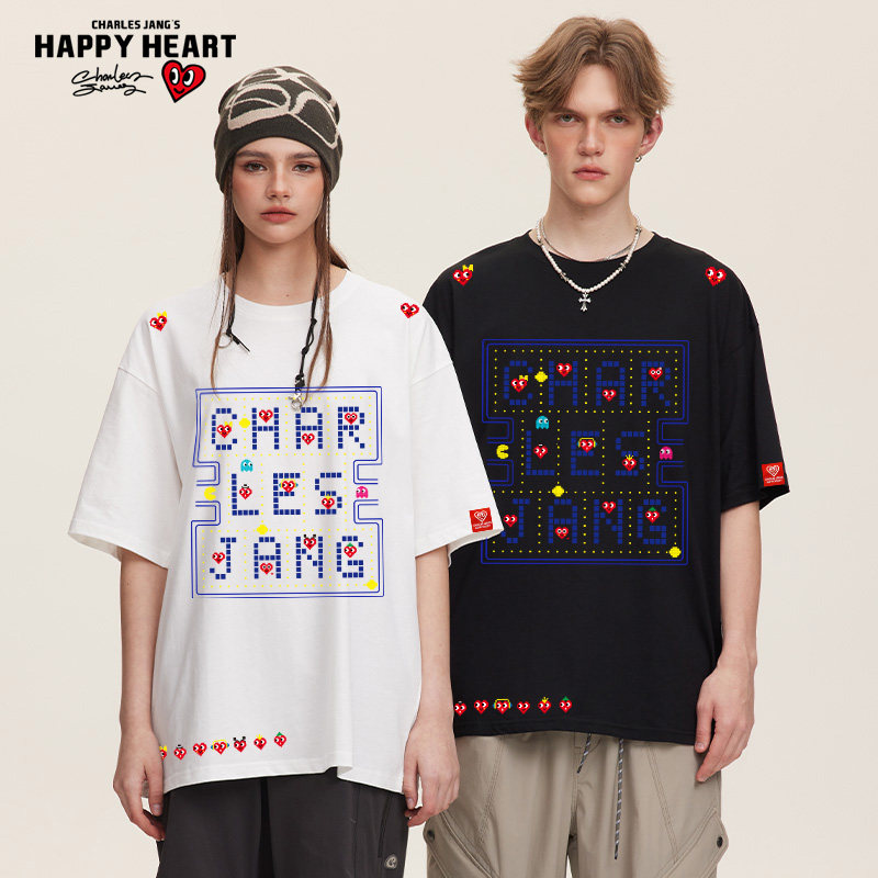 查尔斯桃心美式短袖t恤男卡通游戏字母印花纯棉圆领新款百搭上衣