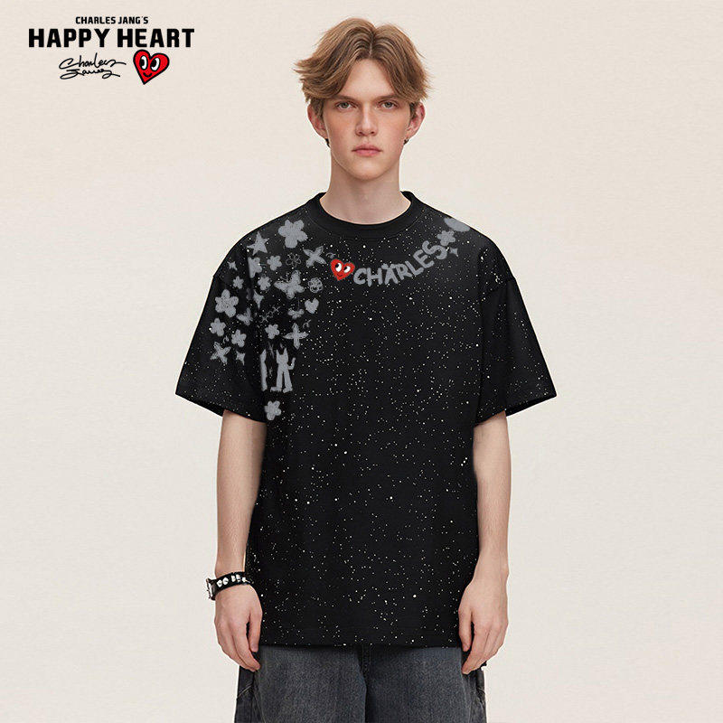 查尔斯桃心 美式短袖t恤男女纯棉涂鸦高街满天星印花夏季休闲潮牌