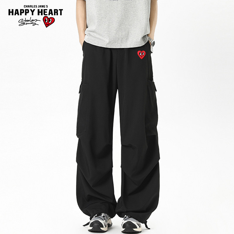 查尔斯桃心透气冰感速干大口袋工装裤男夏季宽松阔腿拖地休闲长裤