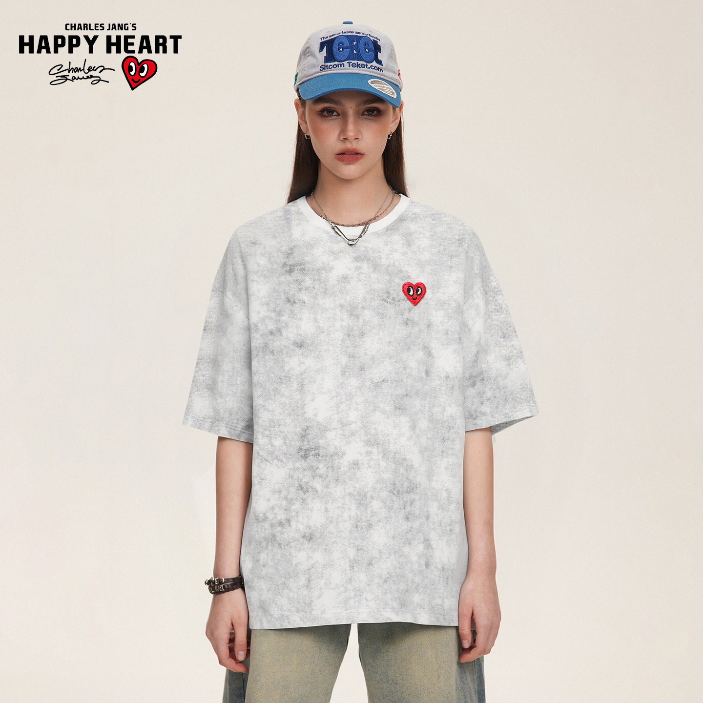 查尔斯桃心 短袖男爱心刺绣扎染t恤圆领宽松夏季2025新款潮流半袖
