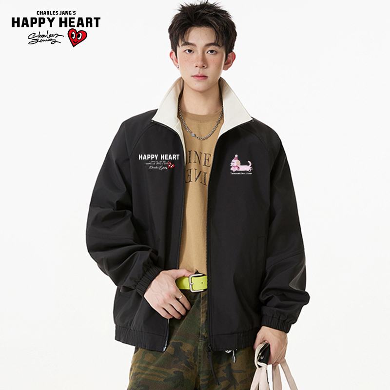 查尔斯桃心 撞色立领夹克男女春秋季字母腊肠狗印花休闲情侣外套 - 图1