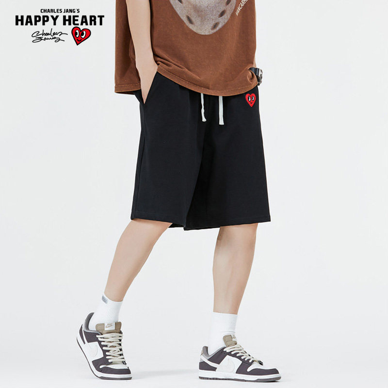 查尔斯桃心 纯色休闲短裤男2026年夏季爱心刺绣宽松无性别五分裤,淘宝优惠券,粉丝福利购,淘宝优惠卷