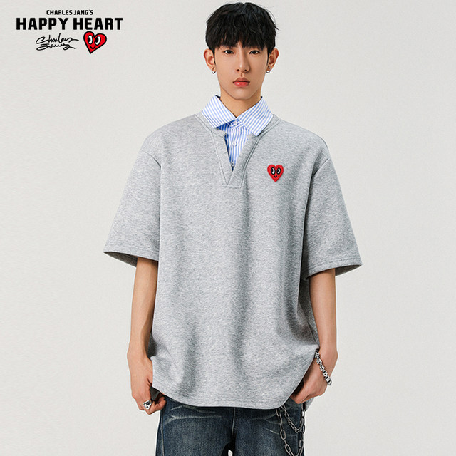 Charles Peach Heart Fake Two-Piece Shirt Collar Short Sleeve T-Shirt