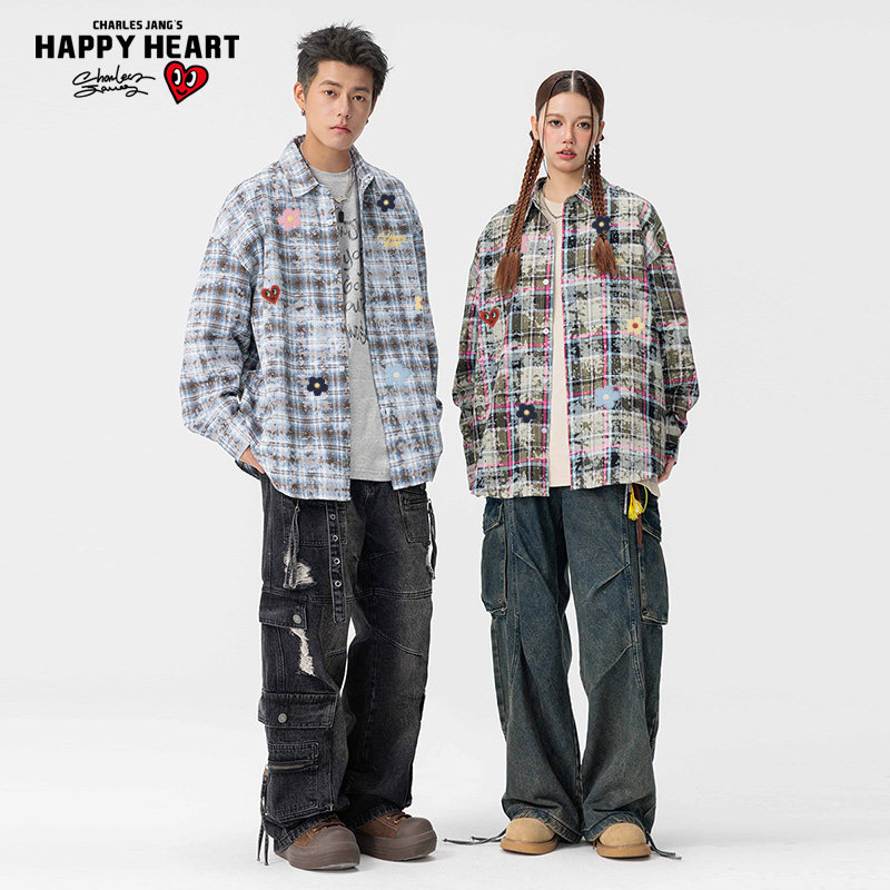 查尔斯桃心 复古格子衬衫男女同款长袖休闲宽松秋季百搭情侣外套