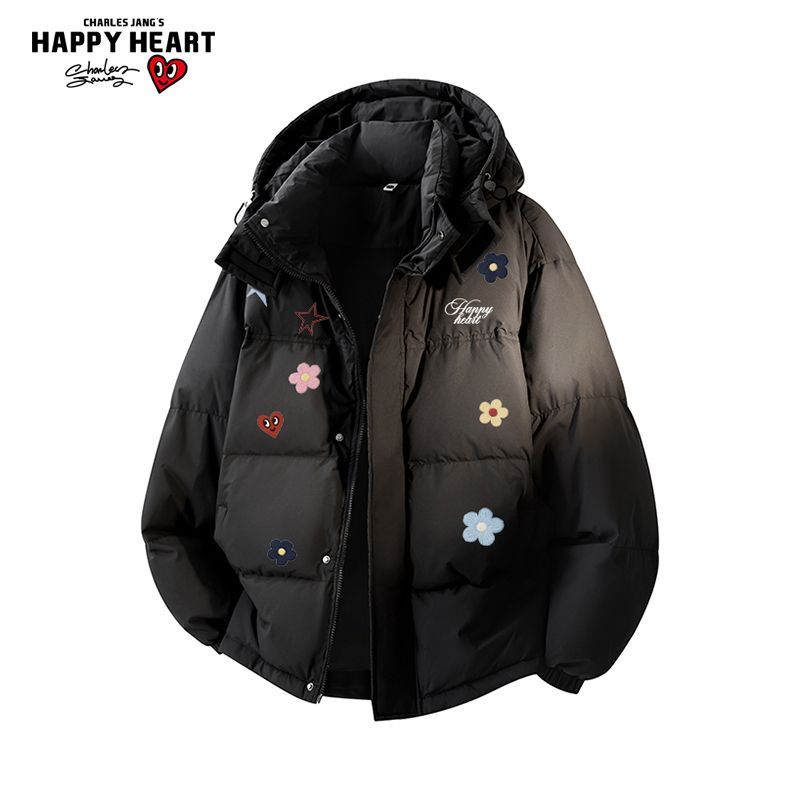查尔斯桃心趣味花卉印花羽绒服男女冬季新款连帽加厚保暖面包外套 - 图0