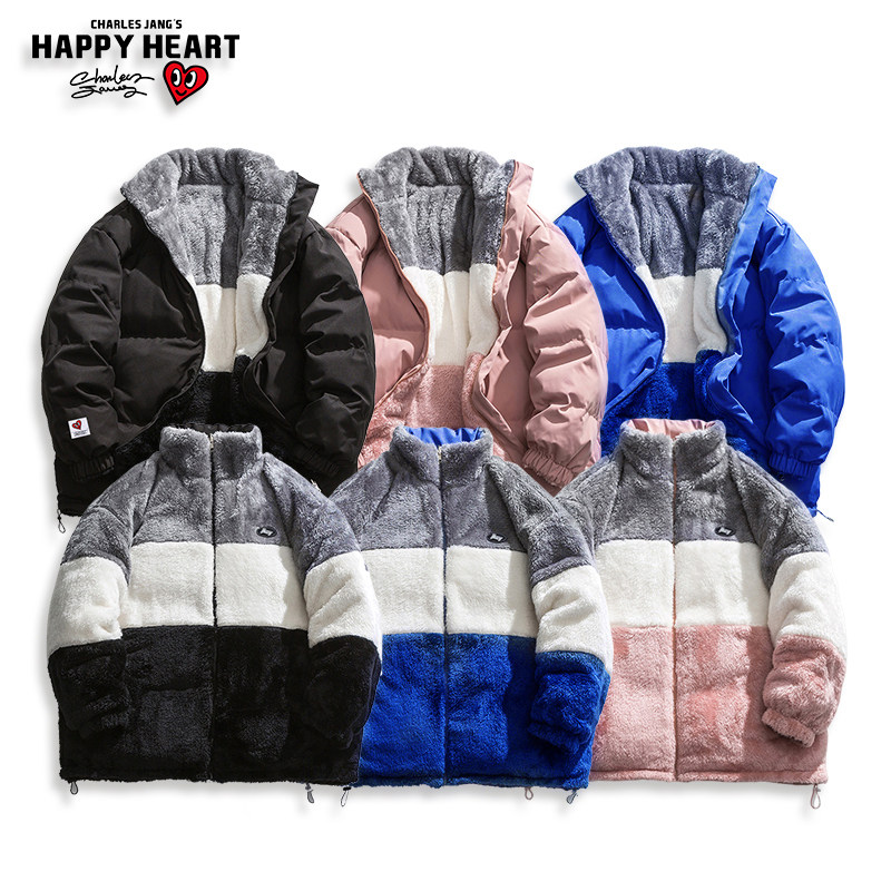 查尔斯桃心 双面穿羊羔绒棉服男士冬季2025新款加绒加厚棉衣外套