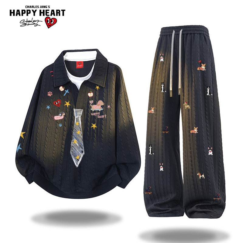 查尔斯桃心学院风假两件卫衣套装男女秋冬季新款宽松直筒长裤子潮,淘宝优惠券,粉丝福利购,淘宝优惠卷