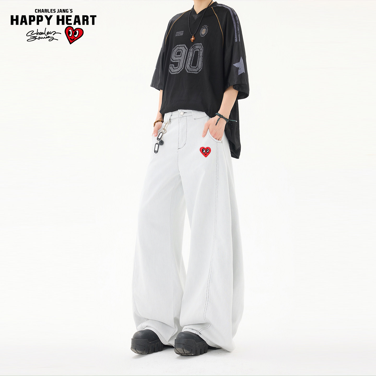 查尔斯桃心美式cleanfit白色弯刀牛仔裤男女春秋宽松阔腿长裤子,淘宝优惠券,粉丝福利购,淘宝优惠卷